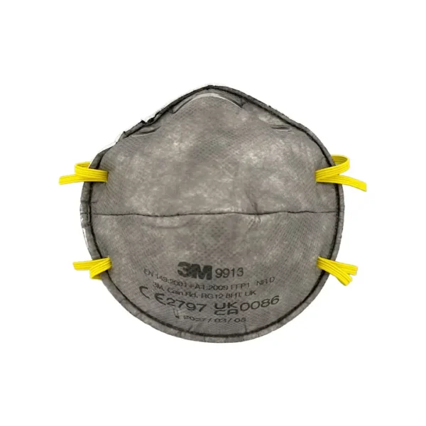 3M 9913 FFP1 Non-Valved Respirator Mask – Grey disposable respirator with yellow elastic headbands, designed for protection against fine dust, mist, and nuisance organic vapours. Features an adjustable nose clip for a secure fit