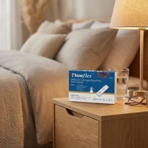 Flowflex SARS-CoV-2 antigen rapid test self-testing kit displayed on wooden bedside table in bedroom setting with glass of water, reading glasses, and lamp, showing single test box packaging
