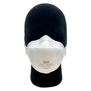 3M Aura™ 9320D+ disposable FFP2 NR D mask front facing displayed on a mannequin head from multiple angles. The mask features a three-panel design for improved facial fit and comfort, with headband straps and embossed top panel to reduce fogging. Certified to EN 149:2001 standards."