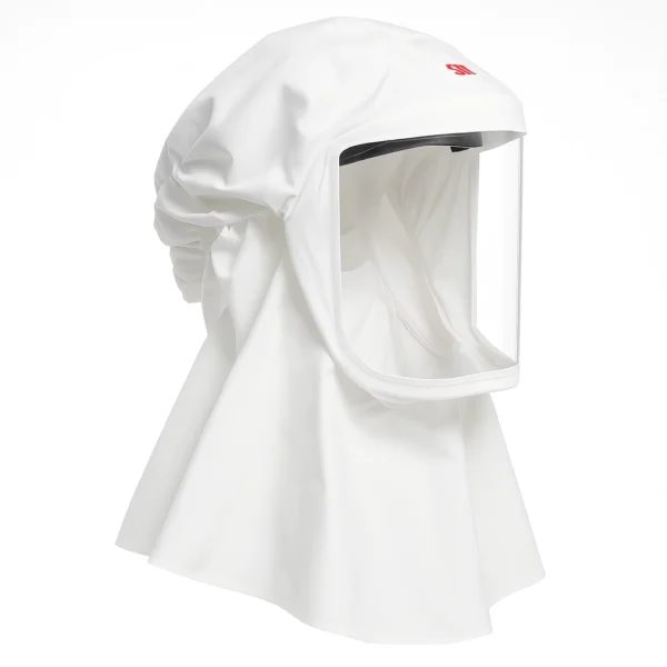 This standalone product photo features the 3M Versaflo S-533S hood, captured from a right three-quarter view. It highlights the full drape design with a clear, integrated visor and lightweight, soft white material. Designed for use with 3M Versaflo powered air systems, this hood offers head, face, neck, and shoulder protection in environments where high levels of contamination control and comfort are essential.