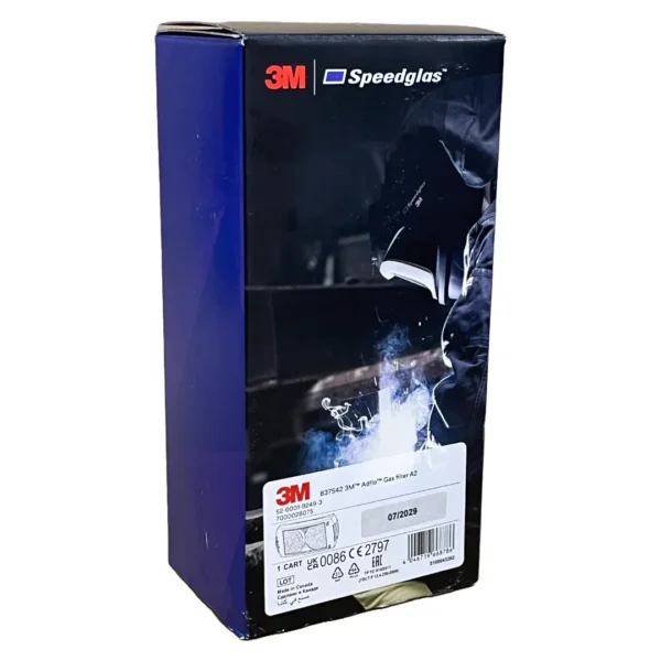 Product image of the 3M 837542 Adflo A2 Gas Filter, designed for use with 3M Speedglas welding respirator systems. The package displays the filter in its sealed packaging alongside the branded retail box, which features a welder illustration and detailed product labeling indicating CE certification, lot information, and an expiry date of 07/2029. Suitable for protection against organic gases and vapours.