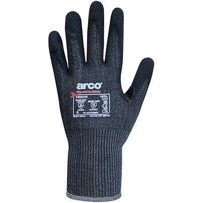 Arco Responsible 15g Cut E Sandy Foam Nitrile Glove in black with sandy foam nitrile palm