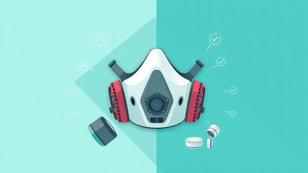 vector in teal (#06495F, #30A2BB) and white: a reusable half mask respirator centered, shown disassembled into clean compo...