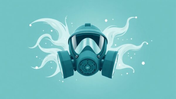 of workplace respiratory protection: a stylized half/full-face respirator with dual filters (A2 + P3) surrounded by flowin...