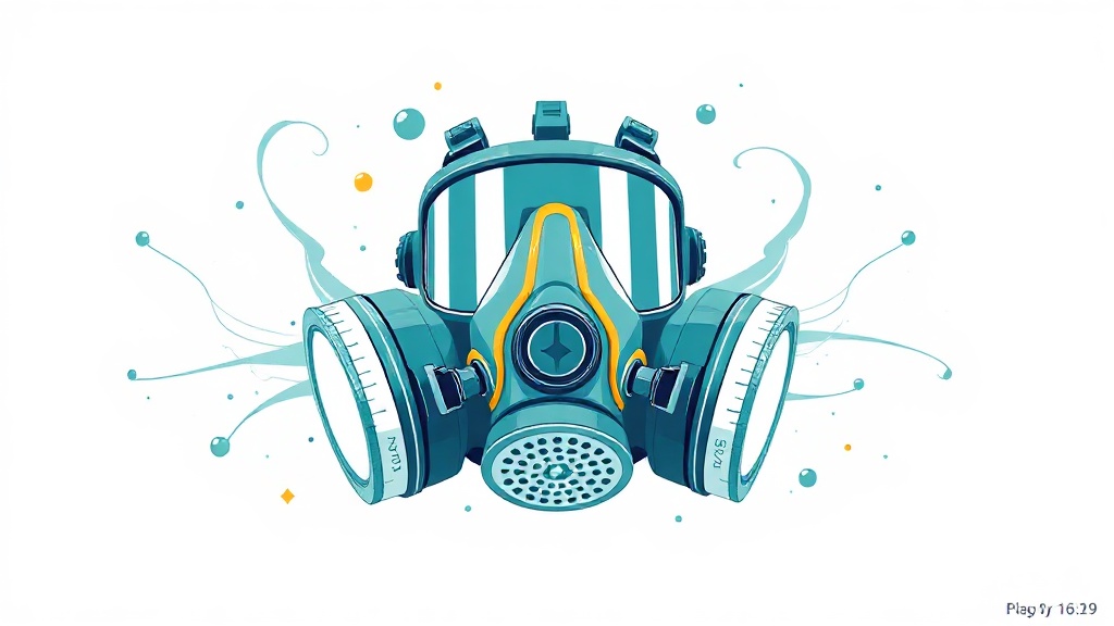 vector in teal (#06495F, #30A2BB) and white: a reusable half-face respirator with labeled gas/vapour filter canisters (A/B...