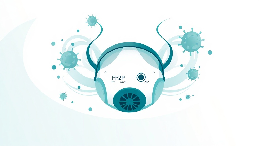 vector of a half-face respirator mask with dual filters labeled “FFP3 / A2P3”, surrounded by swirling airborne spore parti...