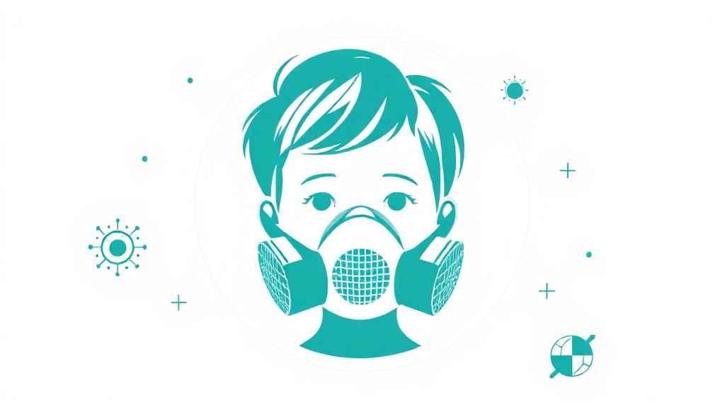 vector in teal (#06495F, #30A2BB) and white: a child’s face silhouette wearing an FFP3 respirator with clean seal lines, s...