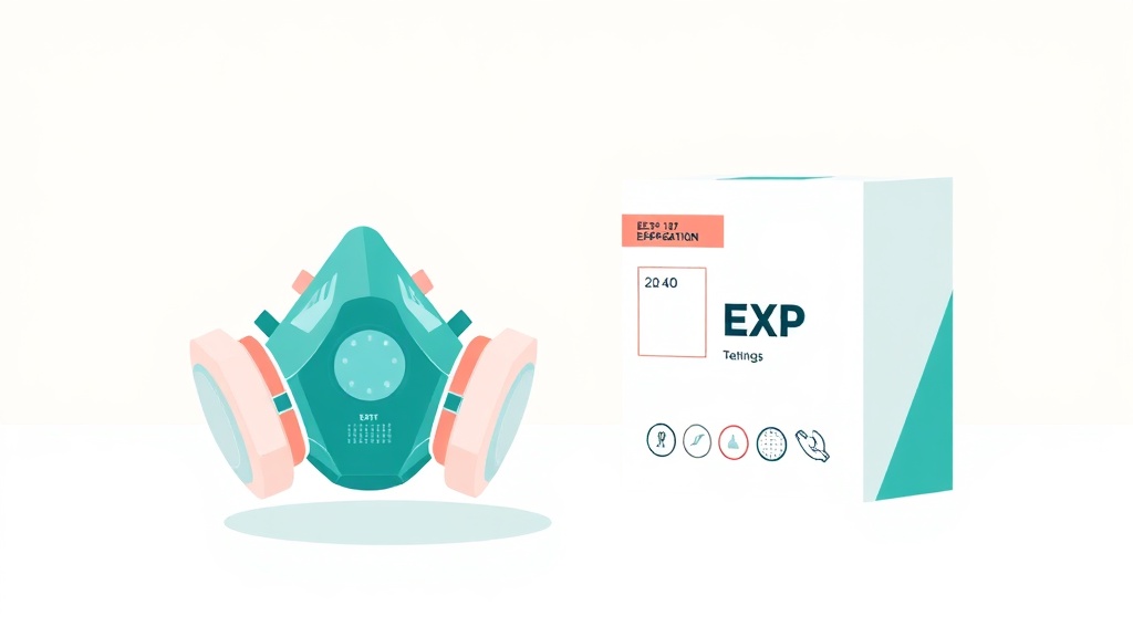 vector in a 16:9 blog header: a stylized respirator mask and its packaging box with a highlighted “EXP” date stamp/lot cod...