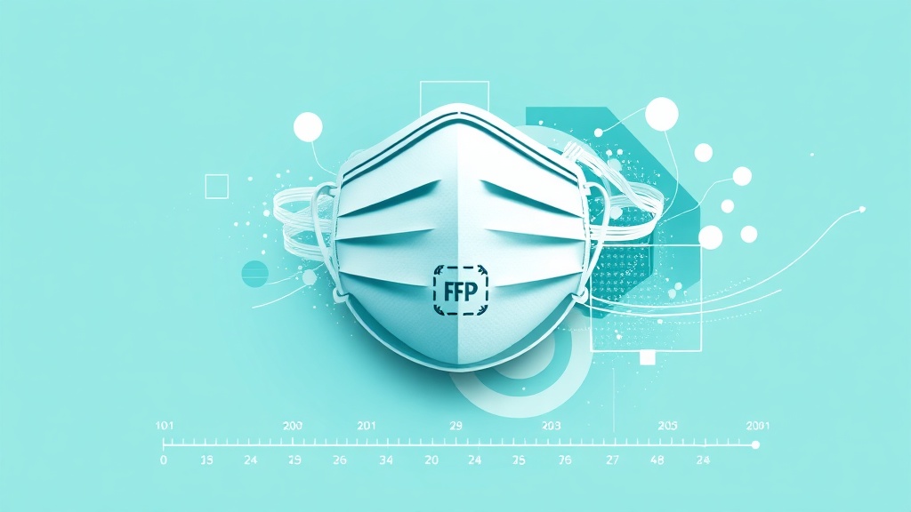 in teal (#06495F, #30A2BB) and white: a stylized respirator/FFP mask icon dissolving into layered timeline/calendar grid a...
