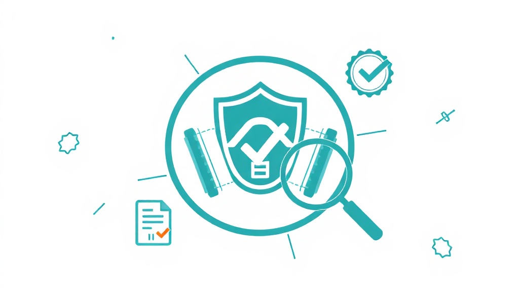 vector in a clean white background with teal palette (#06495F, #30A2BB): a stylized respirator/FFP mask icon overlaid with...