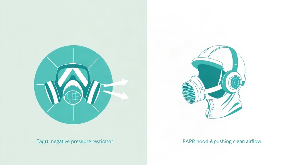 vector in teal (#06495F, #30A2BB) and white a split comparison: left a tight-seal negative-pressure respirator icon with a...