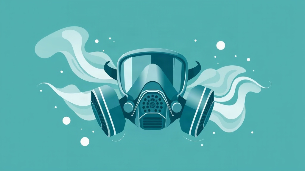 vector in teal (#06495F, #30A2BB) and white: a stylized half/full-face respirator with dual combination filters (A2P3 icon...