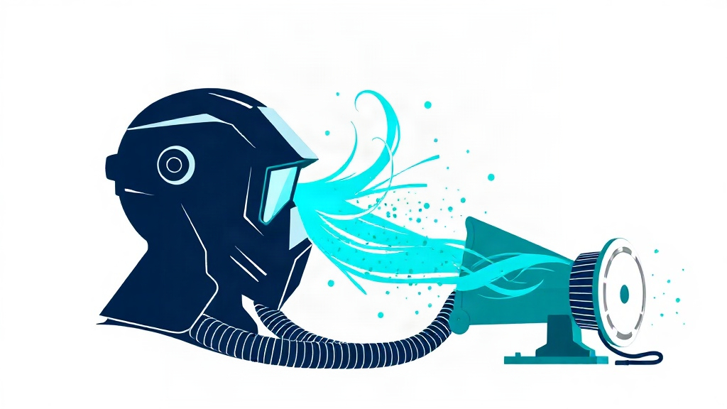 vector in 16:9: a stylized PAPR welding helmet silhouette connected by a flowing air tube to a compact blower/filter unit,...