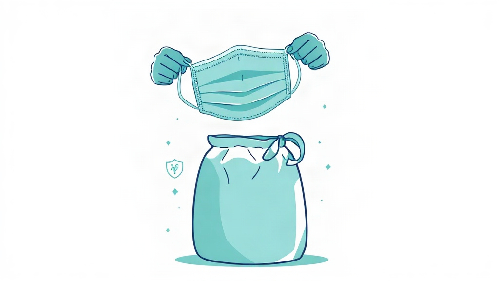 vector in teal (#06495F, #30A2BB) and white: a stylized face mask being removed by its ear loops and placed into a tied wa...