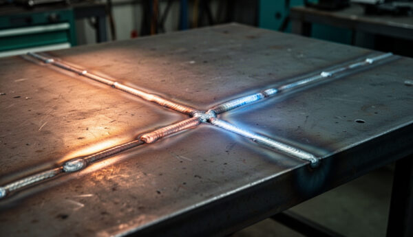 Close-up of intersecting weld beads on a steel welding bench, lit with warm orange and cool blue reflections in a blurred workshop background.
