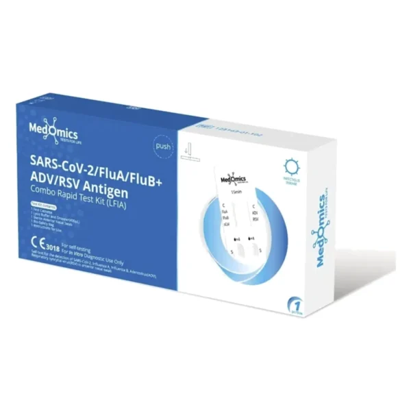 Medomics SARS-CoV-2, Flu A/B, ADV and RSV antigen combo rapid test kit box, 1 test